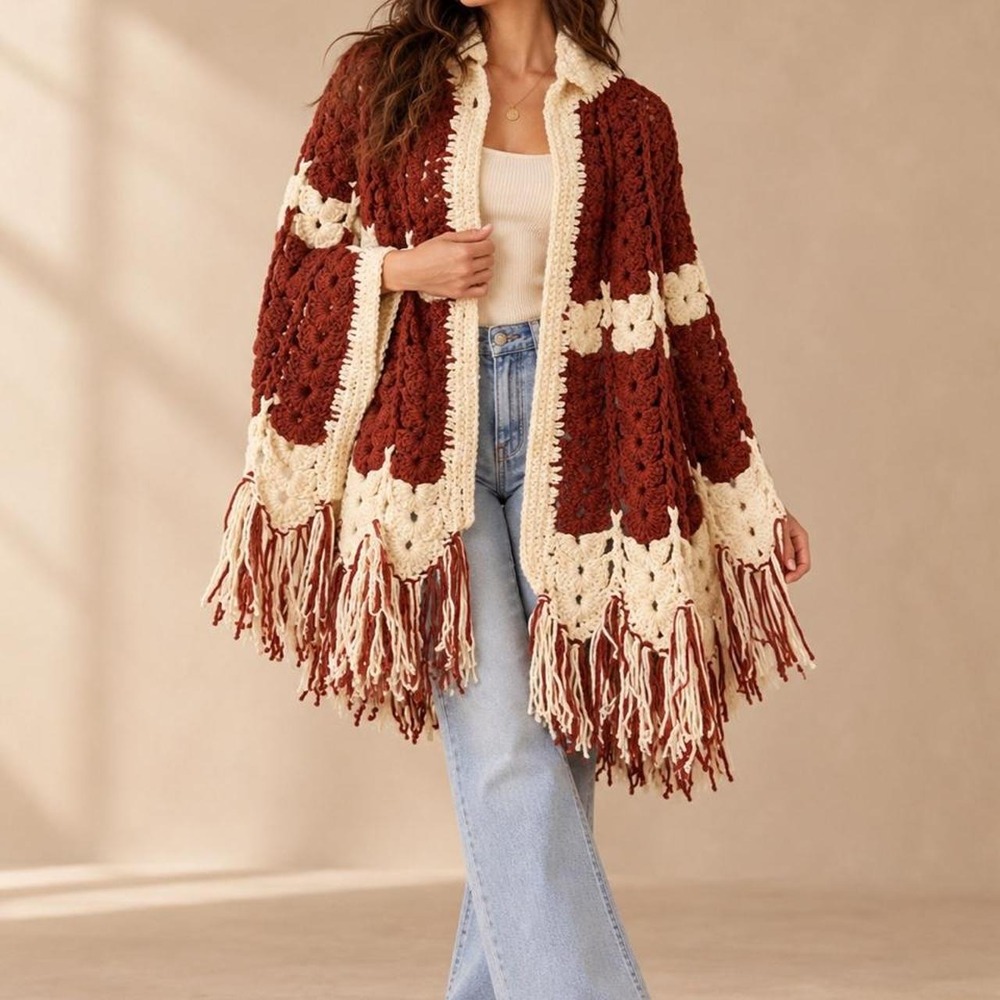 Crochet Poncho Cardigan Shaw Rust Cream Granny Square Fringe Boho Western Coats